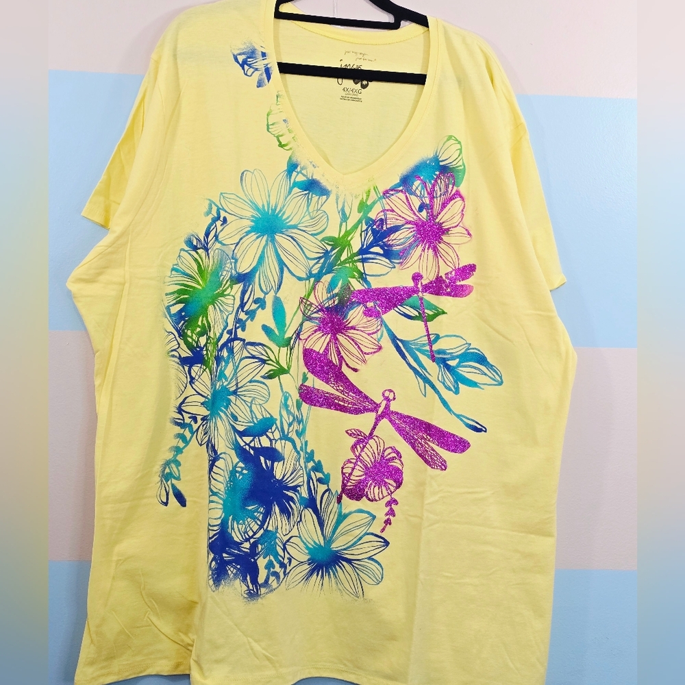 NWOT Just My Size Yellow V-Neck Tee with Blue, Green & Purple Floral Dragonfly - Picture 2 of 8